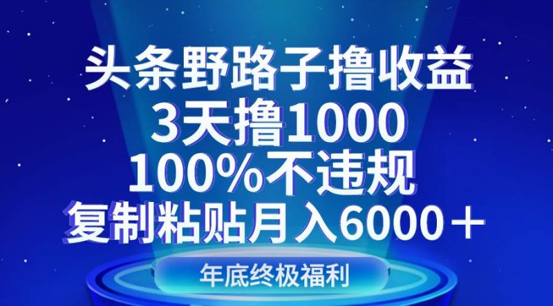 头条野路子撸收益，3天撸1000，100%不违规，复制粘贴月入6000＋网赚项目-副业赚钱-互联网创业-独家轻创IP星泽云创