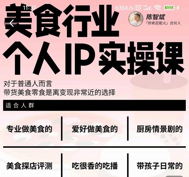 美食行业个人IP实操课，对于普通人而言，带货美食零食是离变现非常近的选择网赚项目-副业赚钱-互联网创业-独家轻创IP星泽云创