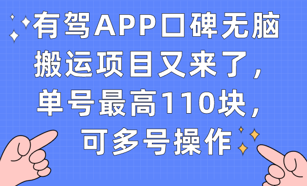 有驾APP口碑无脑搬运项目又来了，单号最高110块，可多号操作网赚项目-副业赚钱-互联网创业-独家轻创IP星泽云创