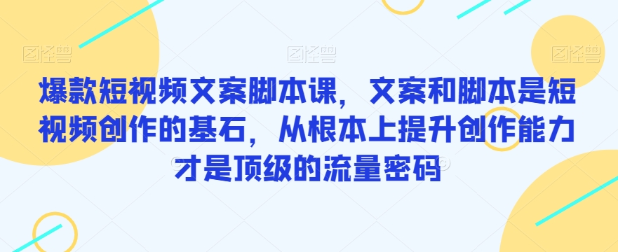 爆款短视频文案脚本课，文案和脚本是短视频创作的基石，从根本上提升创作能力才是顶级的流量密码网赚项目-副业赚钱-互联网创业-独家轻创IP星泽云创