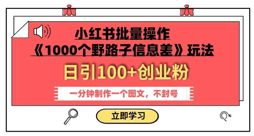 小红书批量操作《1000个野路子信息差》玩法，一分钟制作一个图文，不封号，日引100+创业粉网赚项目-副业赚钱-互联网创业-独家轻创IP星泽云创