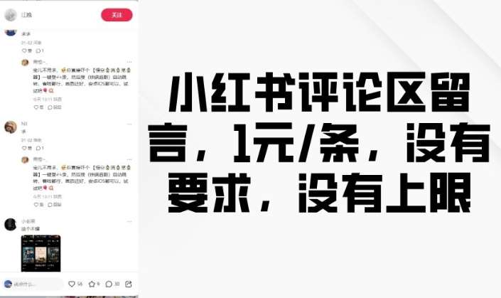 小红书评论区留言，1元条，没有要求，没有上限网赚项目-副业赚钱-互联网创业-独家轻创IP星泽云创
