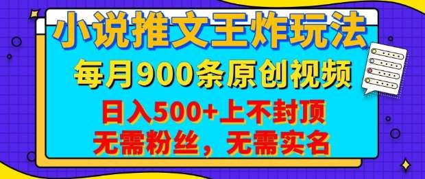 小说推文王炸玩法，一键代发，每月最多领900条原创视频，播放量收益日入5张，无需粉丝，无需实名【揭秘】网赚项目-副业赚钱-互联网创业-独家轻创IP星泽云创