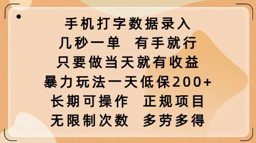 手机打字数据录入，几秒一单，有手就行，只要做当天就有收益，暴力玩法一天低保2张网赚项目-副业赚钱-互联网创业-独家轻创IP星泽云创