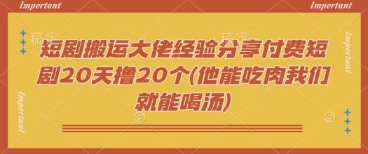 短剧搬运大佬经验分享付费短剧20天撸20个(他能吃肉我们就能喝汤)网赚项目-副业赚钱-互联网创业-独家轻创IP星泽云创