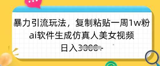 暴力引流玩法，复制粘贴一周1w粉，ai软件生成仿真人美女视频，日入多张网赚项目-副业赚钱-互联网创业-独家轻创IP星泽云创