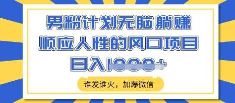 男粉计划无脑躺Z，顺应人性的风口项目，谁发谁火，加爆微信，日入多张【揭秘】网赚项目-副业赚钱-互联网创业-独家轻创IP星泽云创