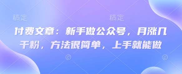 付费文章：新手做公众号，月涨几干粉，方法很简单，上手就能做网赚项目-副业赚钱-互联网创业-独家轻创IP星泽云创