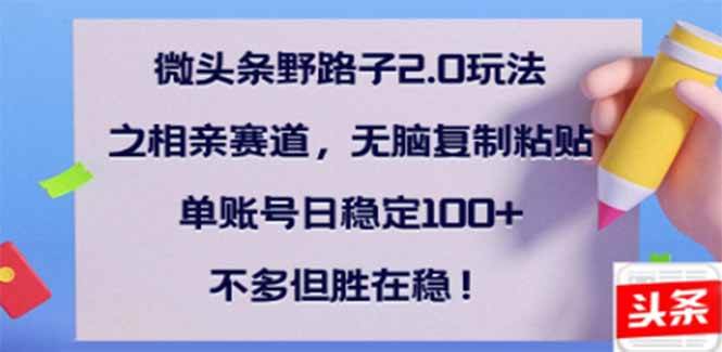 （14334期）微头条野路子2.0玩法之相亲赛道，无脑搬砖复制粘贴，单账号日稳定300+…网赚项目-副业赚钱-互联网创业-独家轻创IP星泽云创