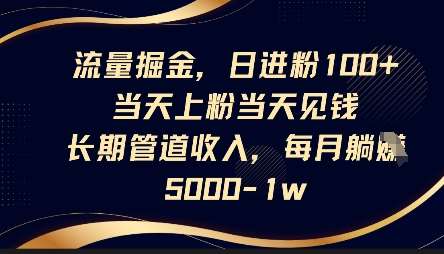 流量掘金，日进粉100+，当天上粉当天见钱，长期管道收入，每月躺挣5k网赚项目-副业赚钱-互联网创业-独家轻创IP星泽云创
