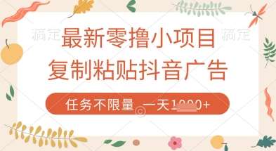最新零撸小项目，复制粘贴抖音广告即可挣钱，平台大水，任务不限量，一天数张【揭秘】网赚项目-副业赚钱-互联网创业-独家轻创IP星泽云创