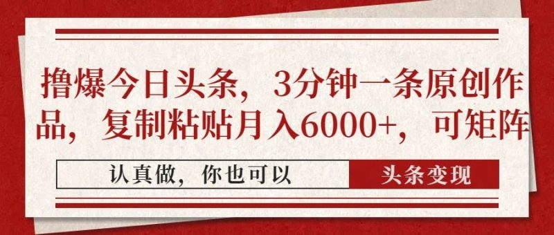 （14437期）撸爆今日头条，3分钟一条原创作品，复制粘贴月入6000+，可矩阵网赚项目-副业赚钱-互联网创业-独家轻创IP星泽云创