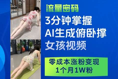 3分钟掌握AI生成俯卧撑女孩视频，零成本涨粉变现，1个月1W粉网赚项目-副业赚钱-互联网创业-独家轻创IP星泽云创