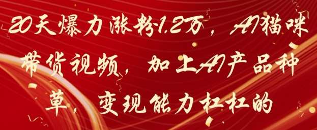 20天爆力涨粉1.2W，AI猫咪带货视频，加上AI产品种草，变现能力杠杠的网赚项目-副业赚钱-互联网创业-独家轻创IP星泽云创